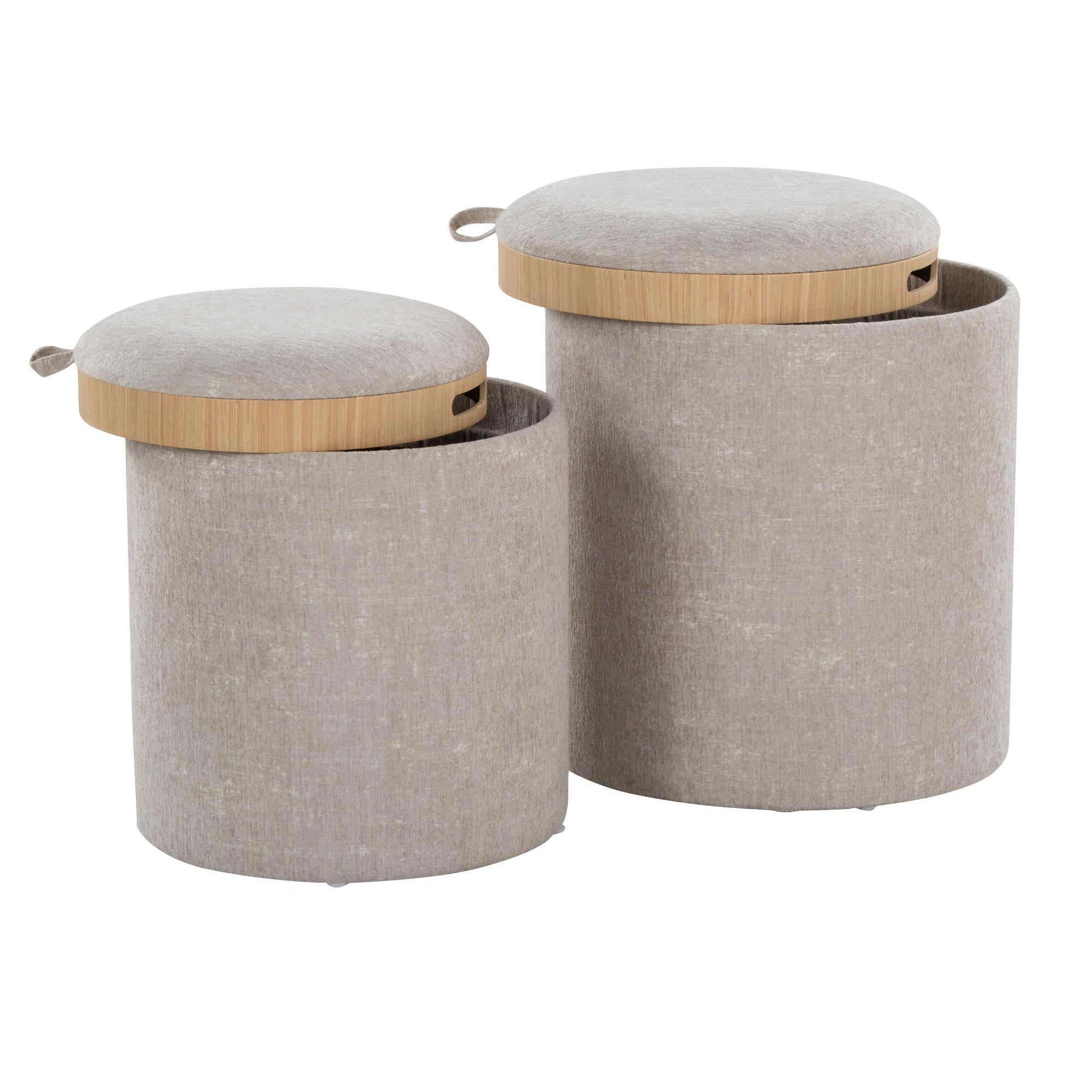 Tray Nesting Ottoman Set - Light Brown Fabric, Natural Wood