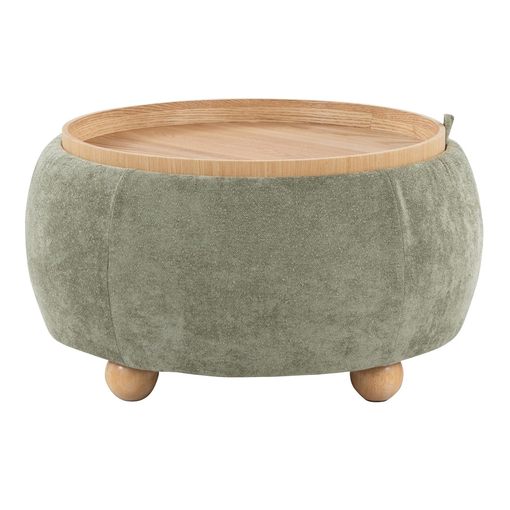 Tray Pouf Storage Ottoman - Natural Wood, Green Fabric