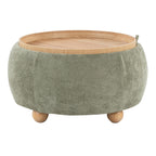Tray Pouf Storage Ottoman - Natural Wood, Green Fabric