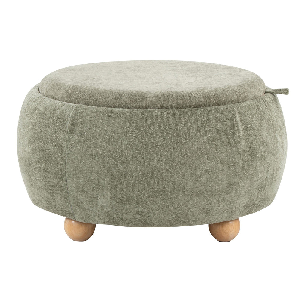 Tray Pouf Storage Ottoman - Natural Wood, Green Fabric
