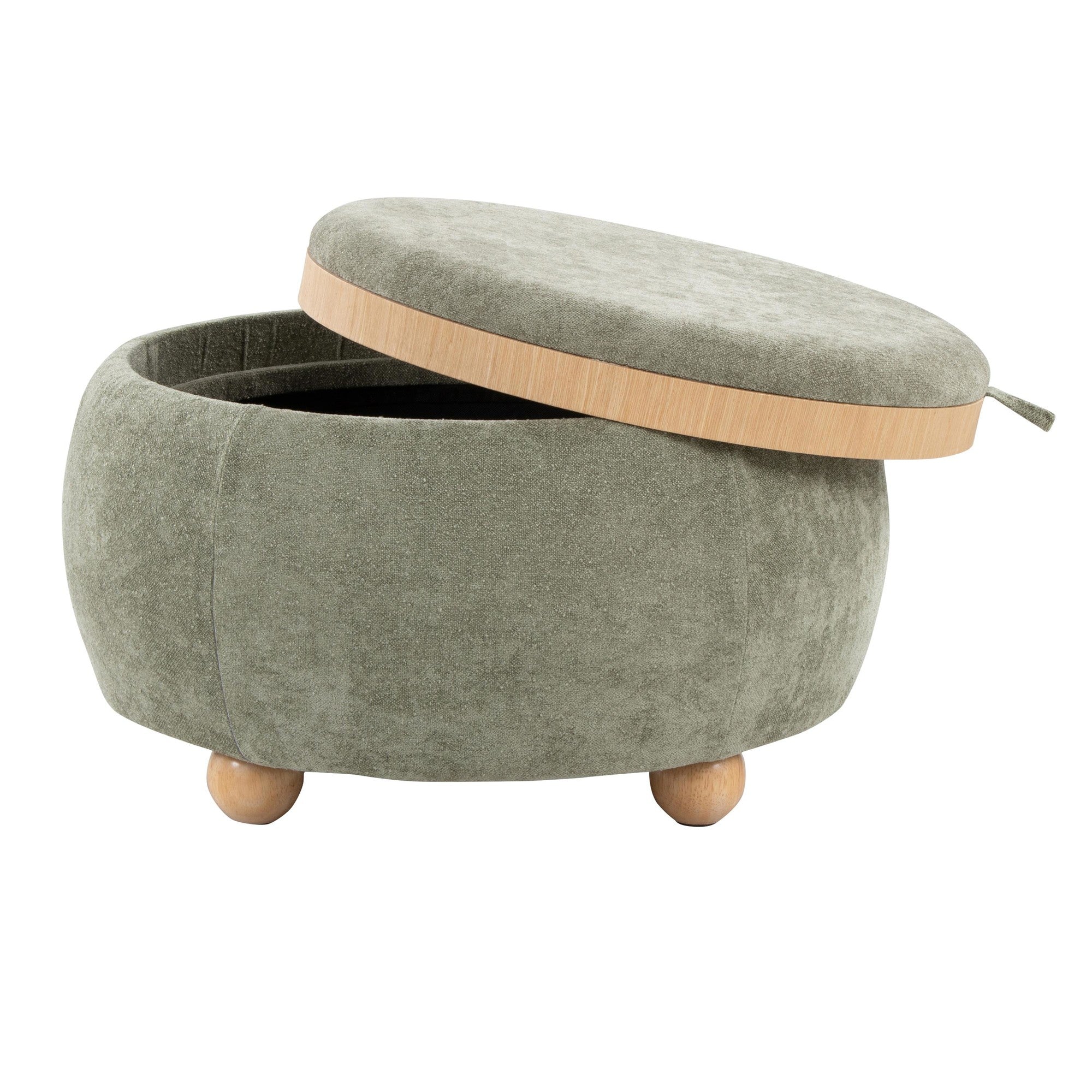 Tray Pouf Storage Ottoman - Natural Wood, Green Fabric