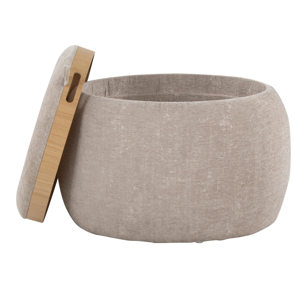 Tray Pouf - Light Brown Fabric, Natural Wood