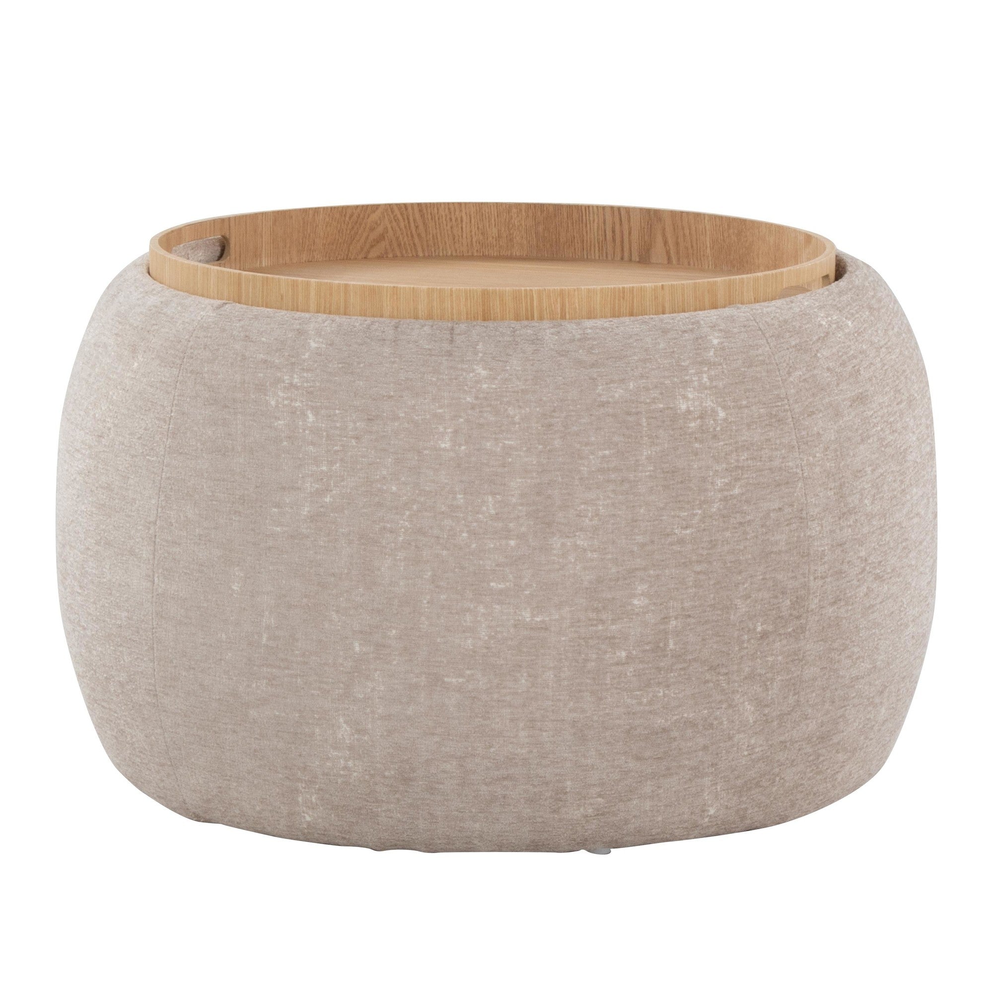 Tray Pouf - Light Brown Fabric, Natural Wood