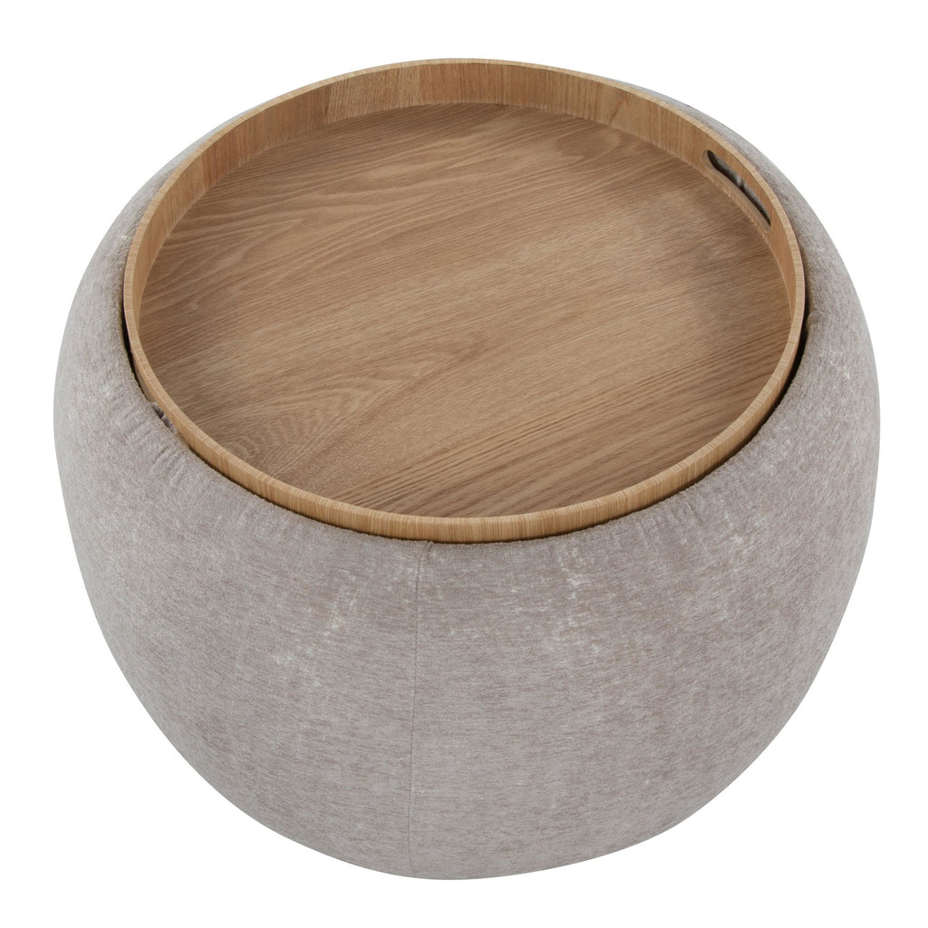 Tray Pouf - Light Brown Fabric, Natural Wood
