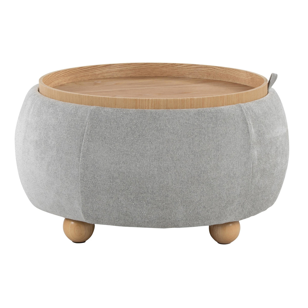 Tray Pouf Storage Ottoman - Natural Wood, Light Grey Fabric