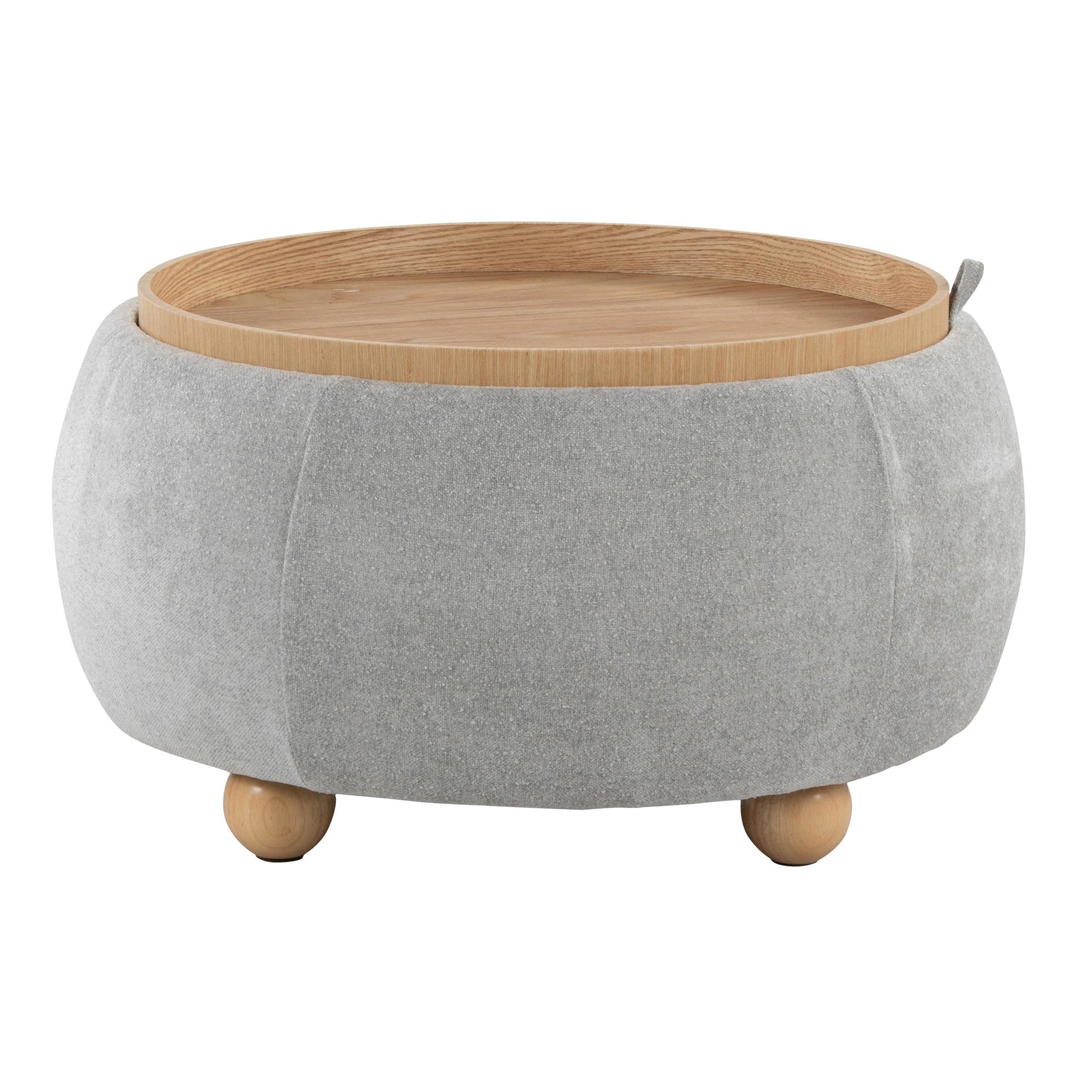 Tray Pouf Storage Ottoman - Natural Wood, Light Grey Fabric