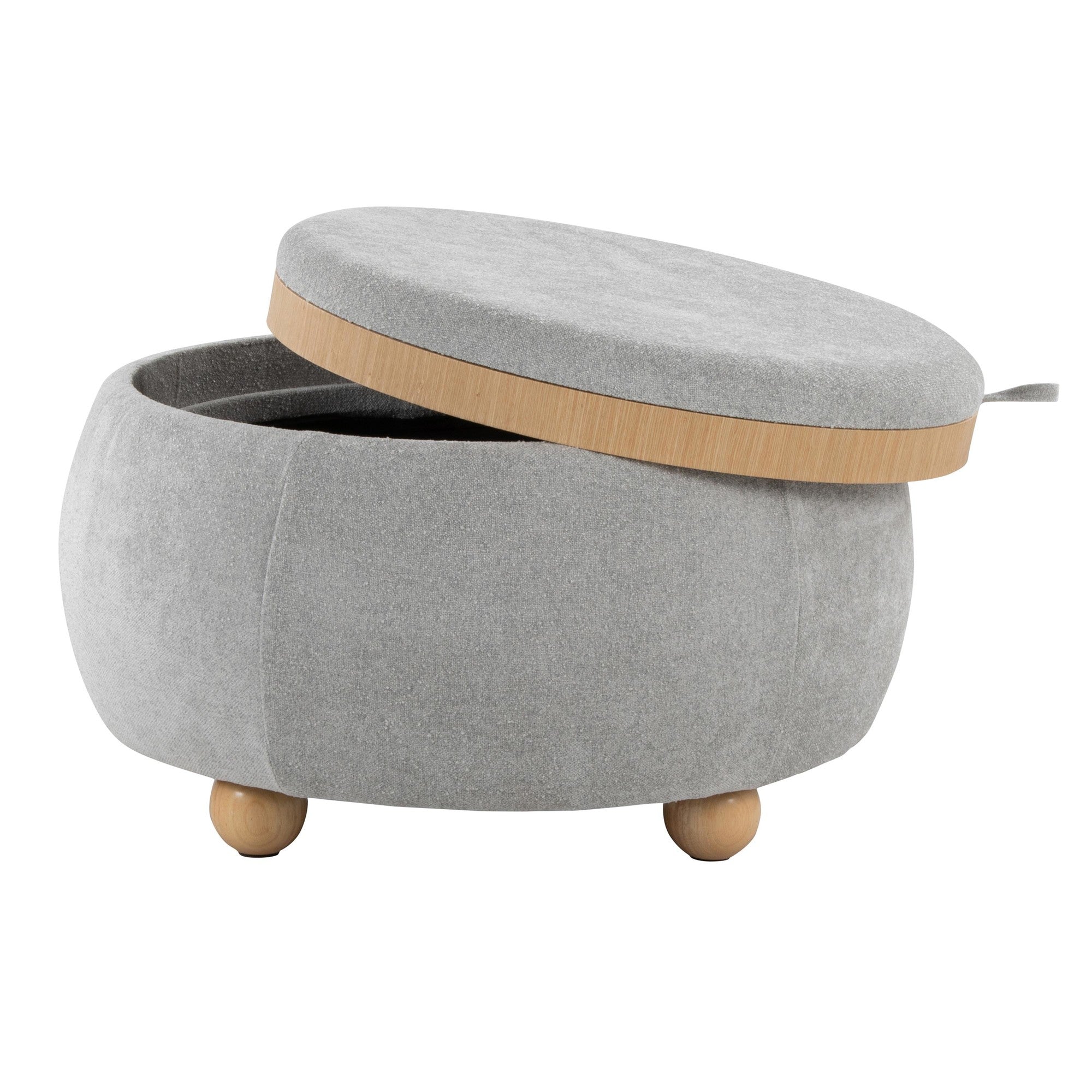 Tray Pouf Storage Ottoman - Natural Wood, Light Grey Fabric