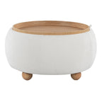 Tray Pouf Storage Ottoman - Natural Wood, White Fabric
