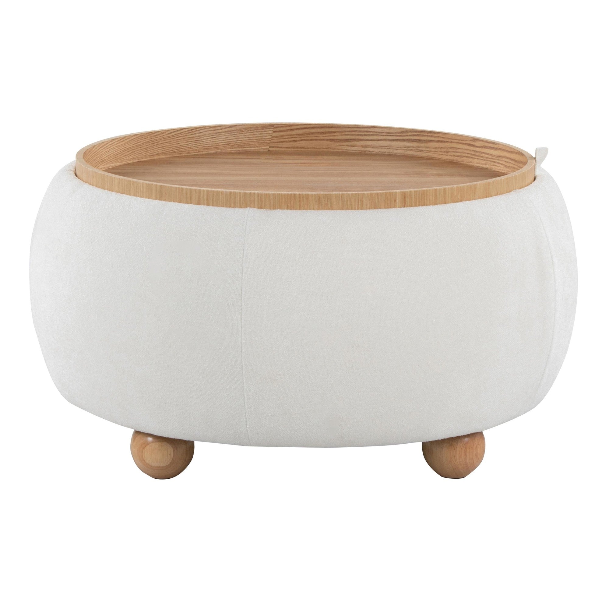 Tray Pouf Storage Ottoman - Natural Wood, White Fabric