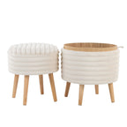 Tray Plush Storage Ottoman Set - Cream Faux Fur, Natural Wood
