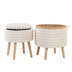 Tray Plush Storage Ottoman Set - Cream Faux Fur, Natural Wood