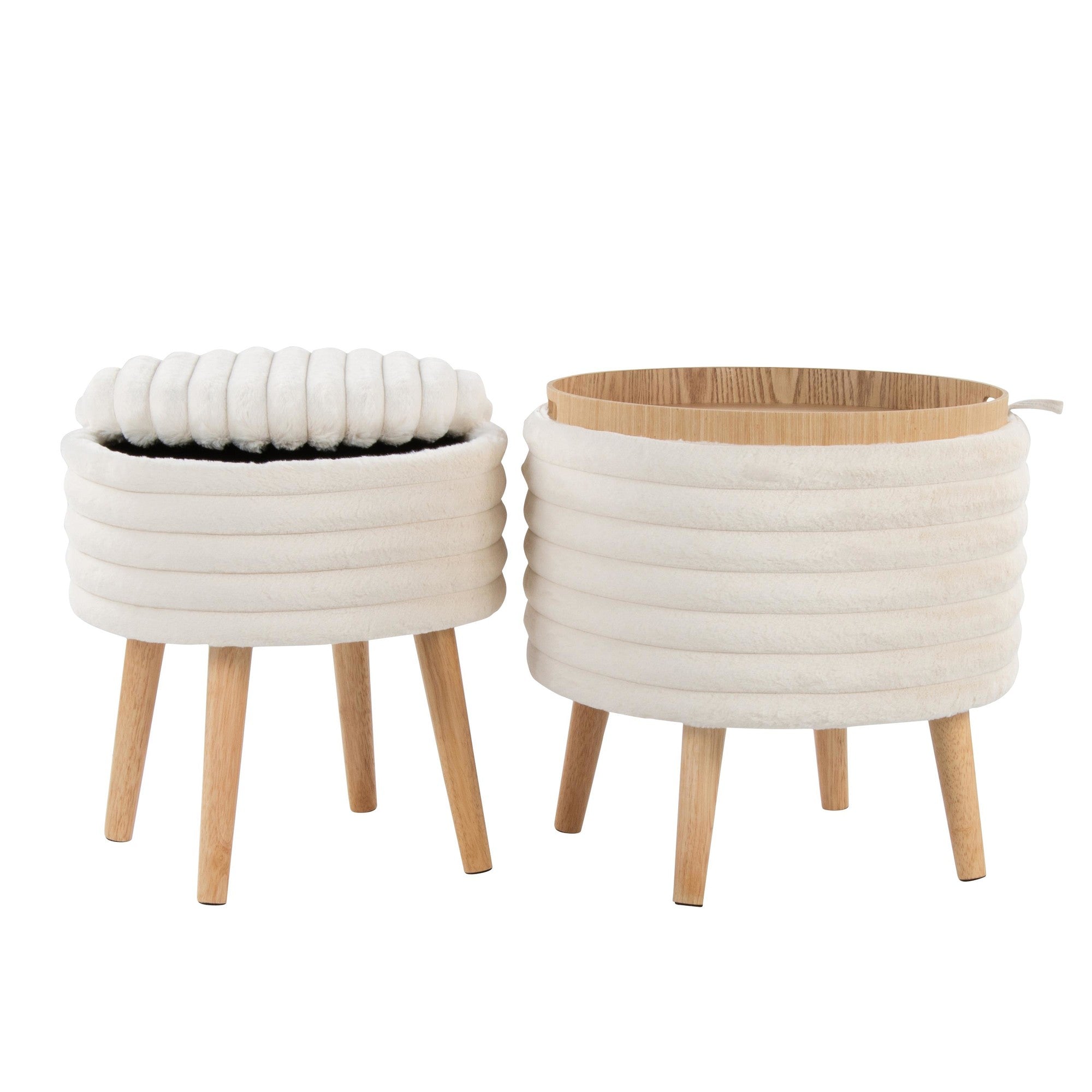 Tray Plush Storage Ottoman Set - Cream Faux Fur, Natural Wood