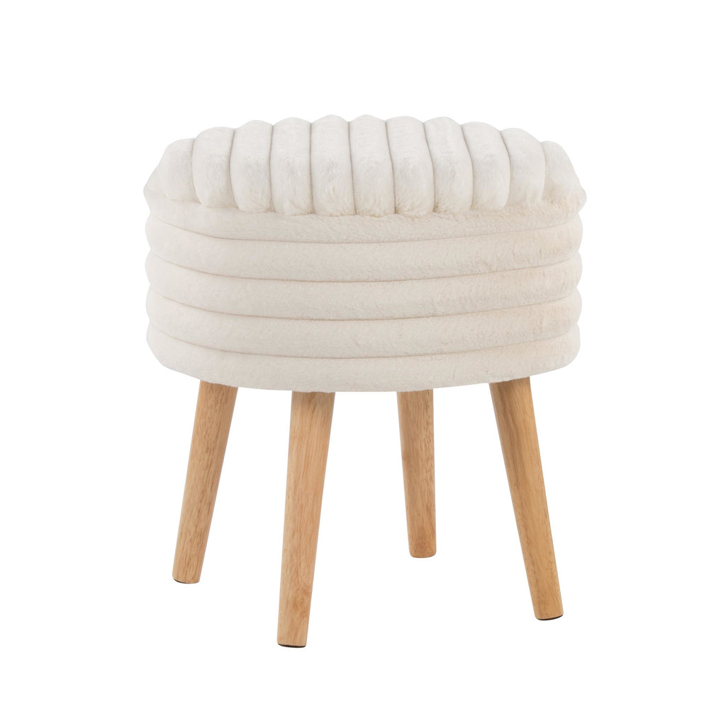 Tray Plush Storage Ottoman Set - Cream Faux Fur, Natural Wood
