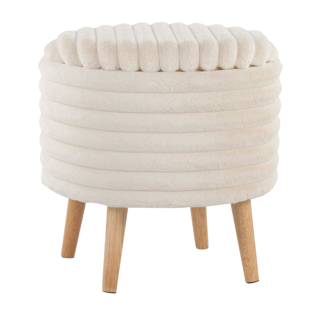 Tray Plush Storage Ottoman Set - Cream Faux Fur, Natural Wood