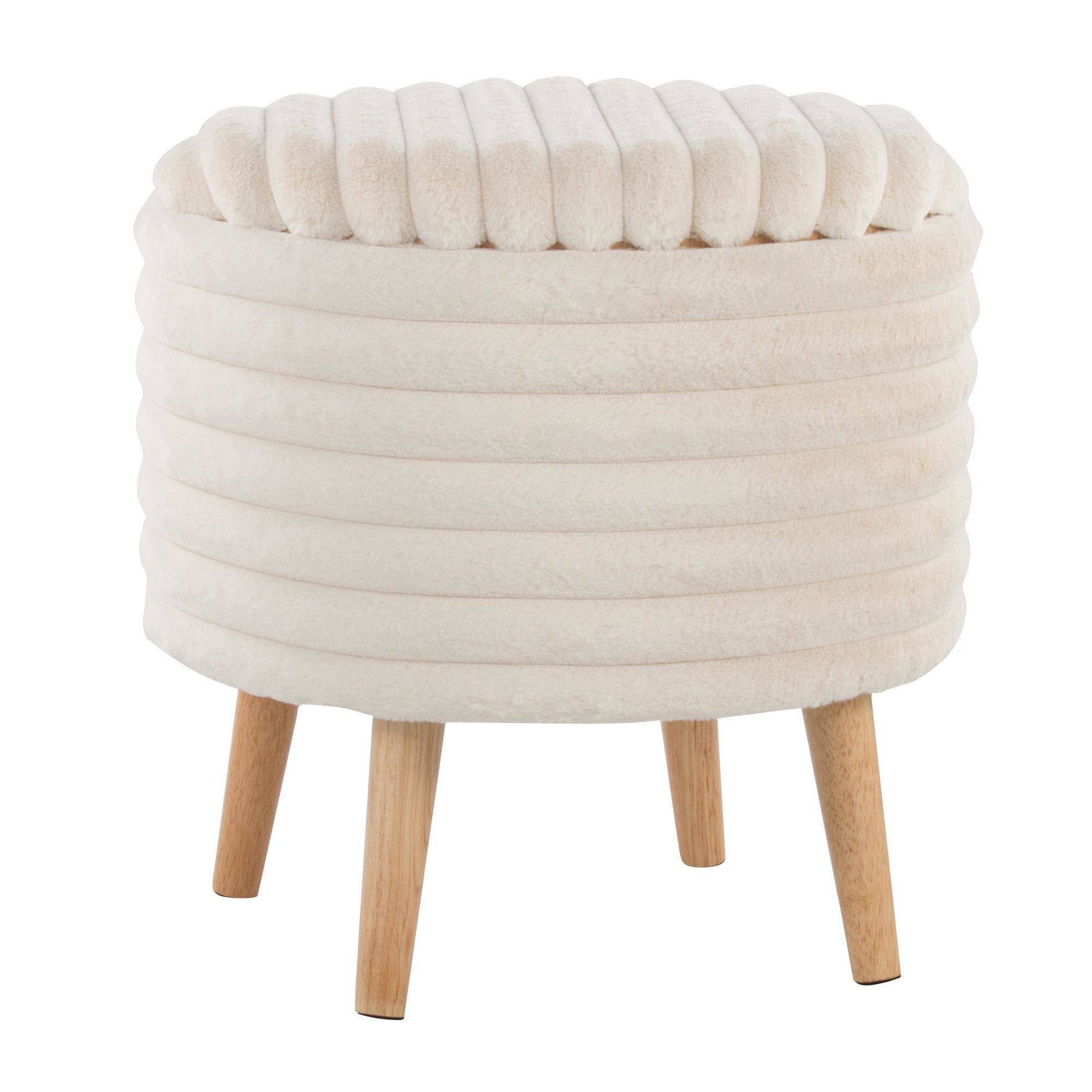 Tray Plush Storage Ottoman Set - Cream Faux Fur, Natural Wood