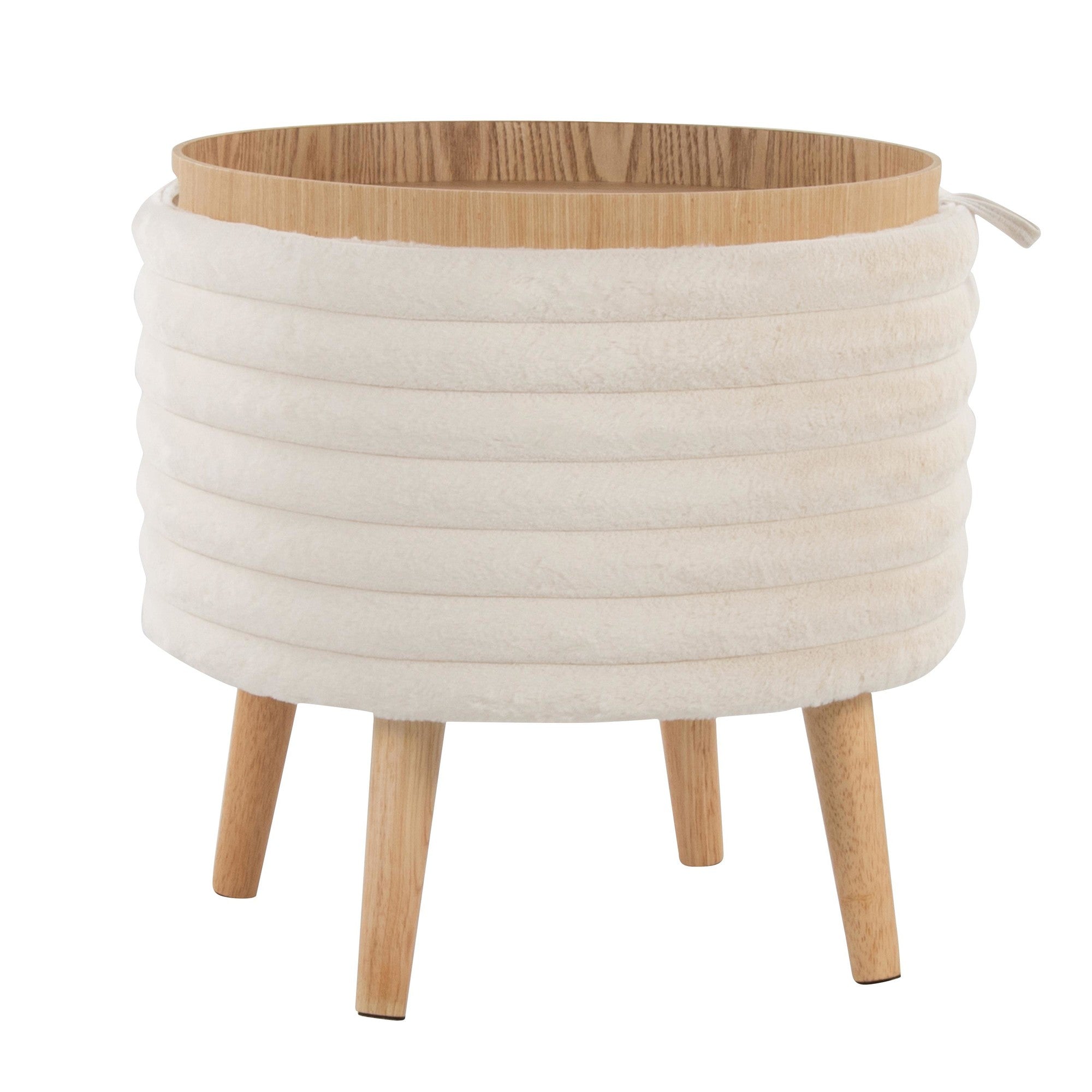 Tray Plush Storage Ottoman Set - Cream Faux Fur, Natural Wood