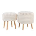 Tray Plush Storage Ottoman Set - Cream Faux Fur, Natural Wood