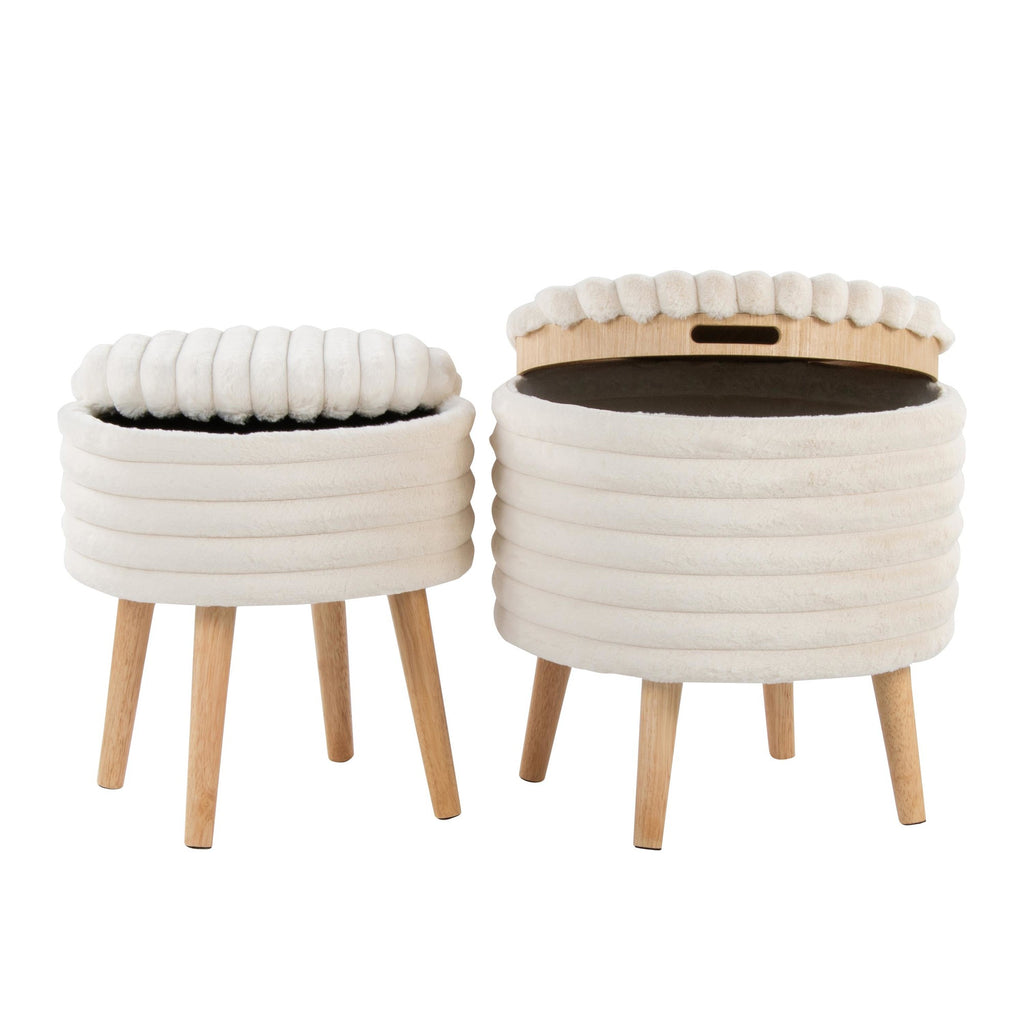 Tray Plush Storage Ottoman Set - Cream Faux Fur, Natural Wood