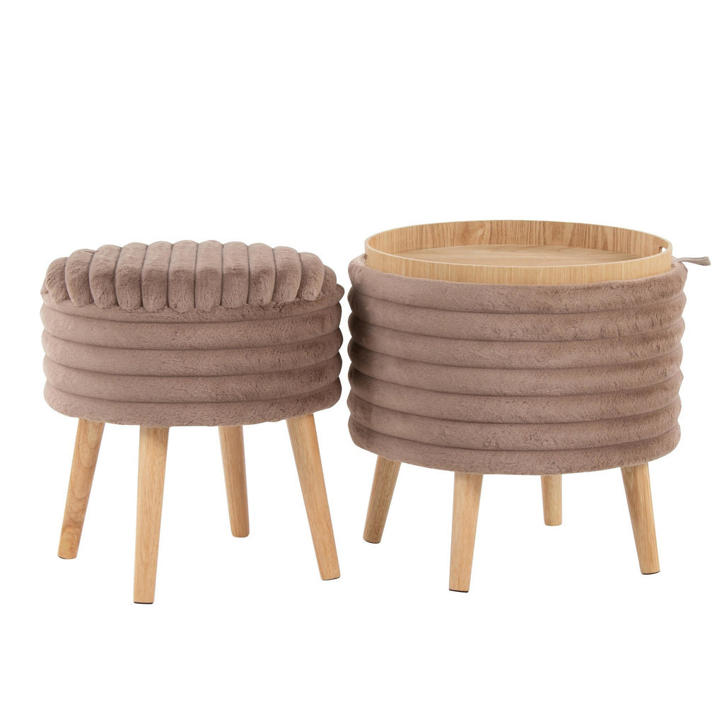 Tray Plush Storage Ottoman Set - Light Brown Faux Fur, Natural Wood