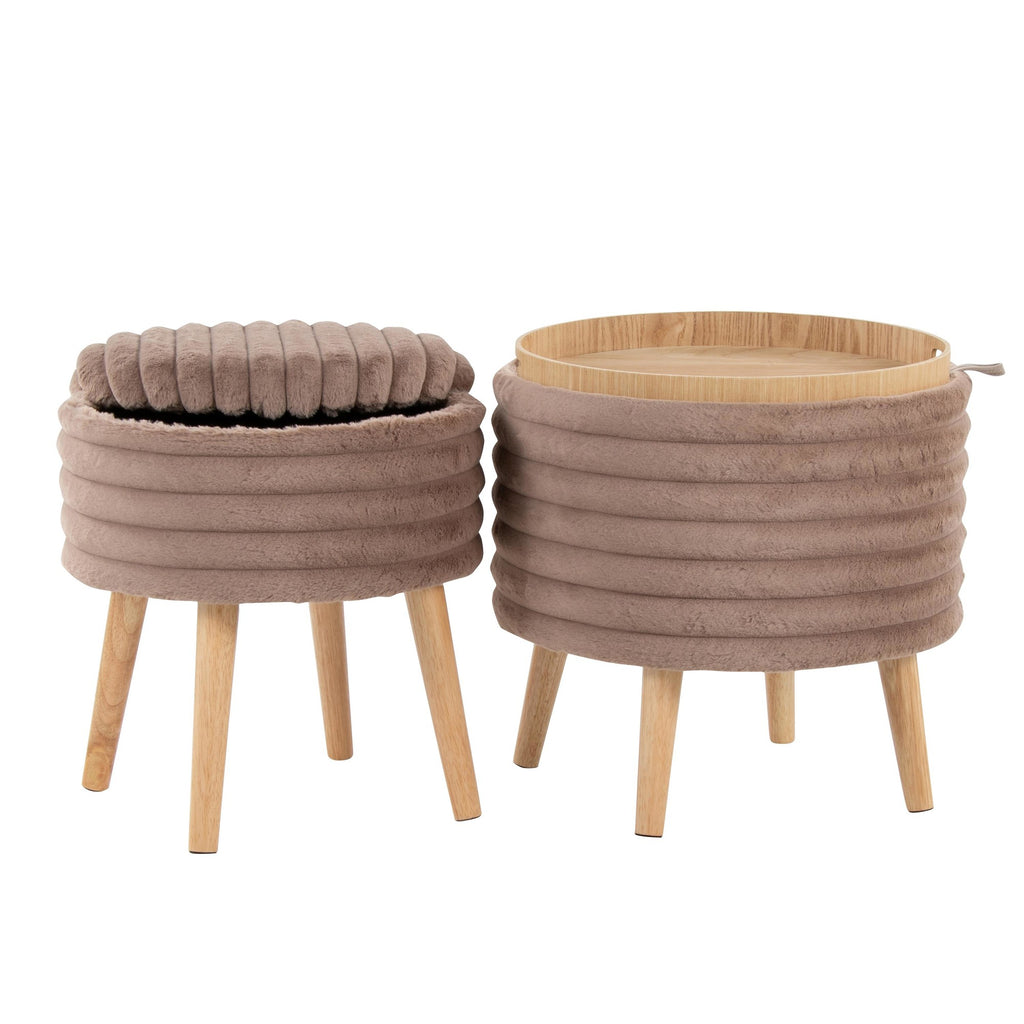 Tray Plush Storage Ottoman Set - Light Brown Faux Fur, Natural Wood