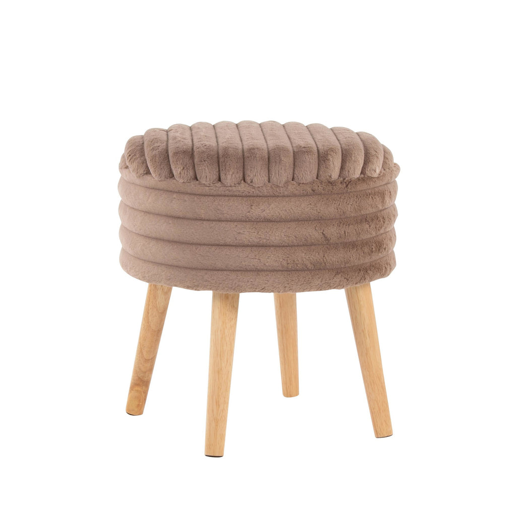 Tray Plush Storage Ottoman Set - Light Brown Faux Fur, Natural Wood