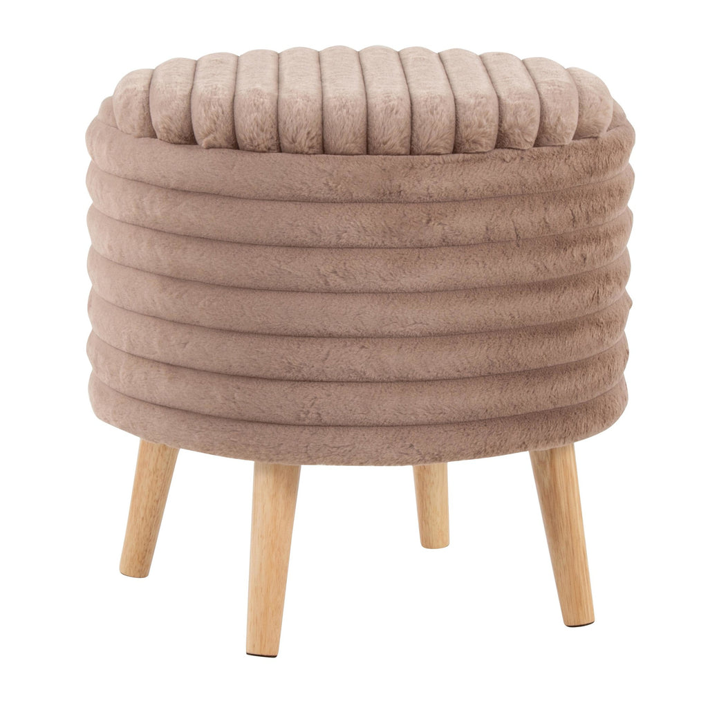 Tray Plush Storage Ottoman Set - Light Brown Faux Fur, Natural Wood