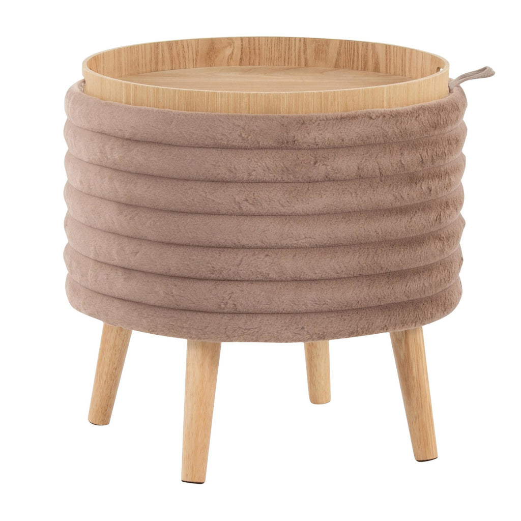 Tray Plush Storage Ottoman Set - Light Brown Faux Fur, Natural Wood