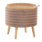 Tray Plush Storage Ottoman Set - Light Brown Faux Fur, Natural Wood