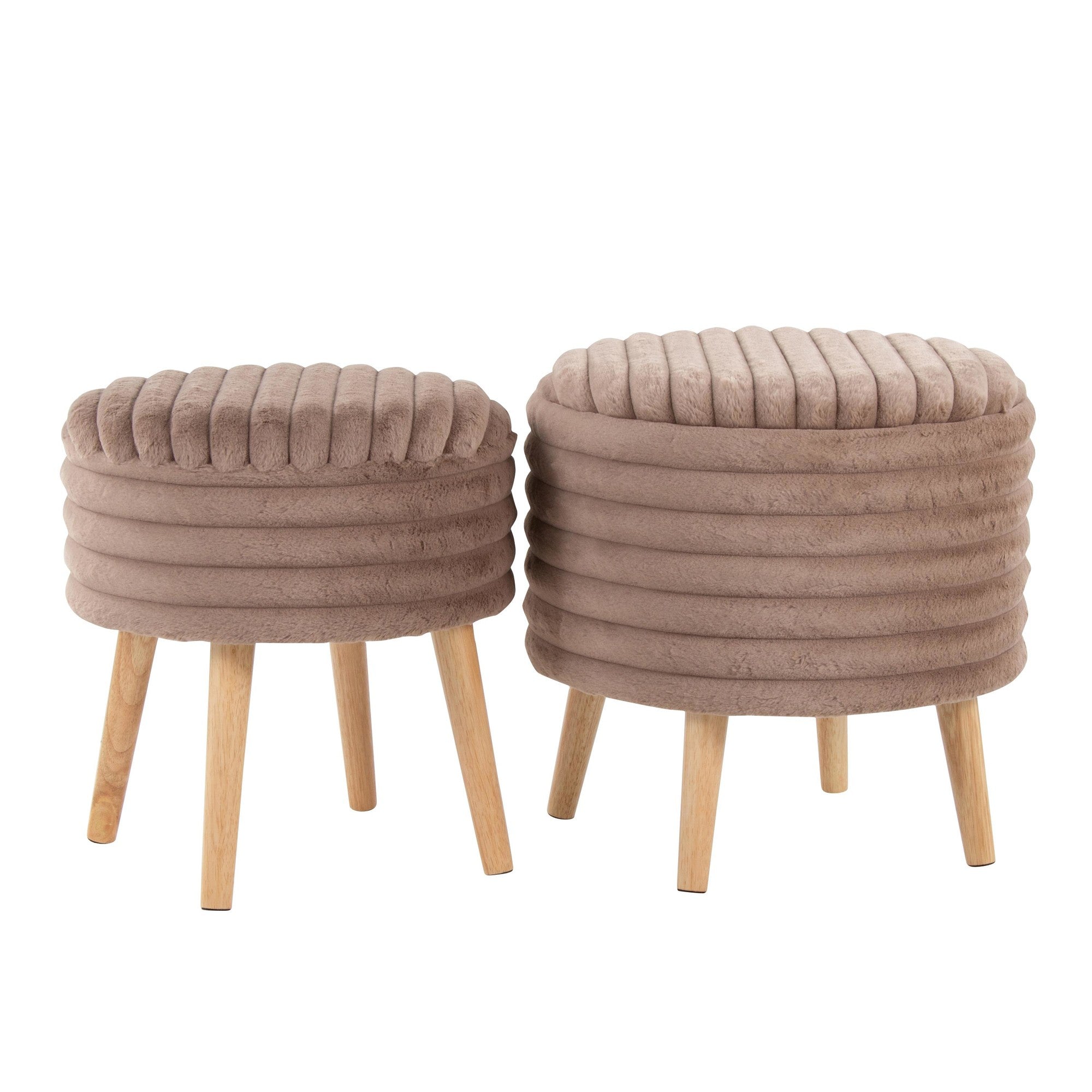 Tray Plush Storage Ottoman Set - Light Brown Faux Fur, Natural Wood