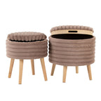 Tray Plush Storage Ottoman Set - Light Brown Faux Fur, Natural Wood