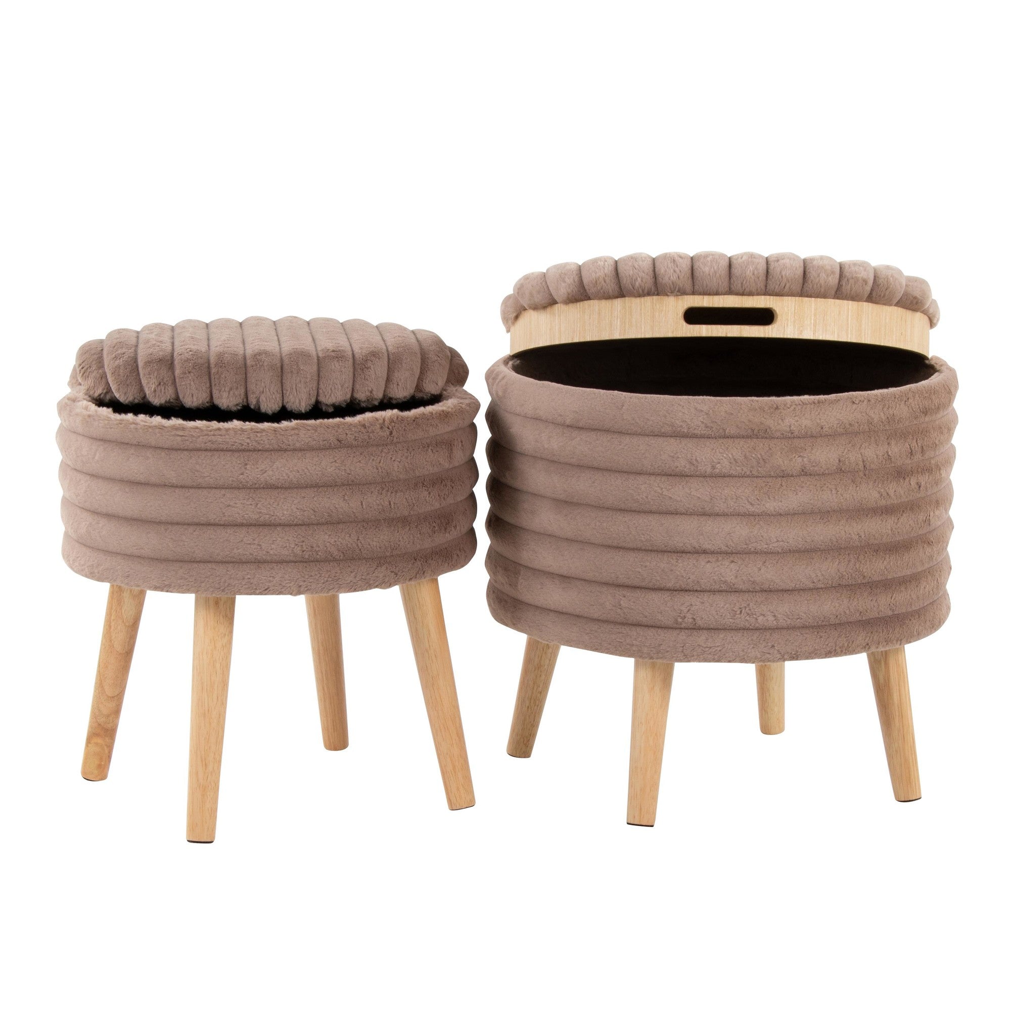 Tray Plush Storage Ottoman Set - Light Brown Faux Fur, Natural Wood