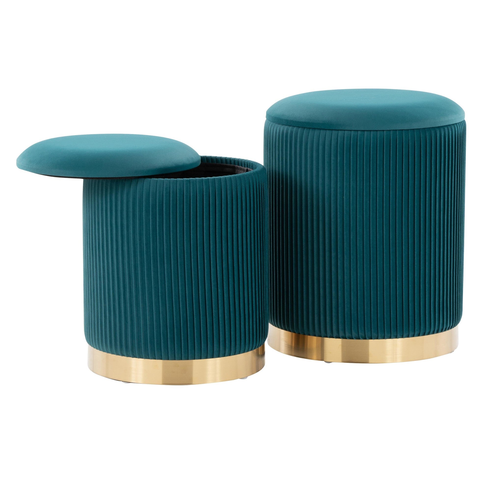 Marla Nesting Pleated Ottoman Set - Gold Metal, Peacock Teal Velvet