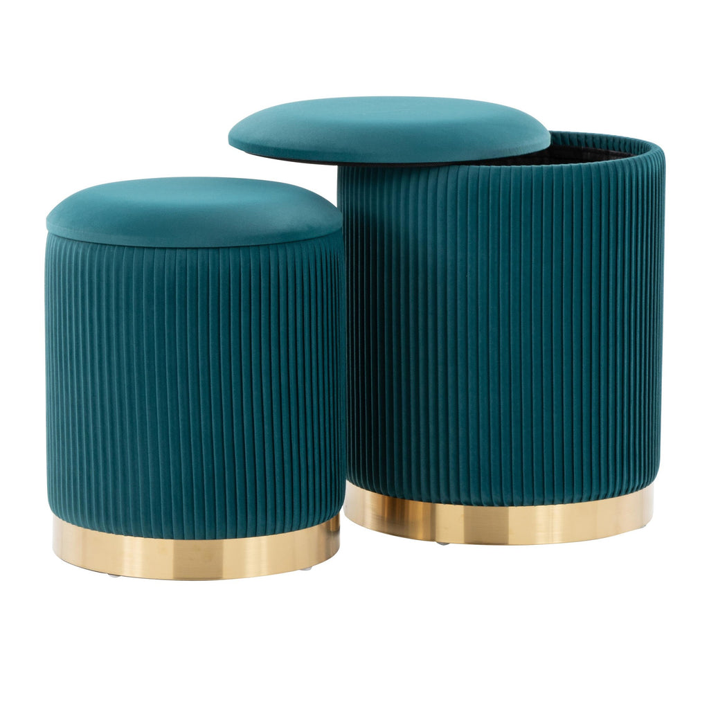 Marla Nesting Pleated Ottoman Set - Gold Metal, Peacock Teal Velvet