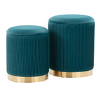 Marla Nesting Pleated Ottoman Set - Gold Metal, Peacock Teal Velvet