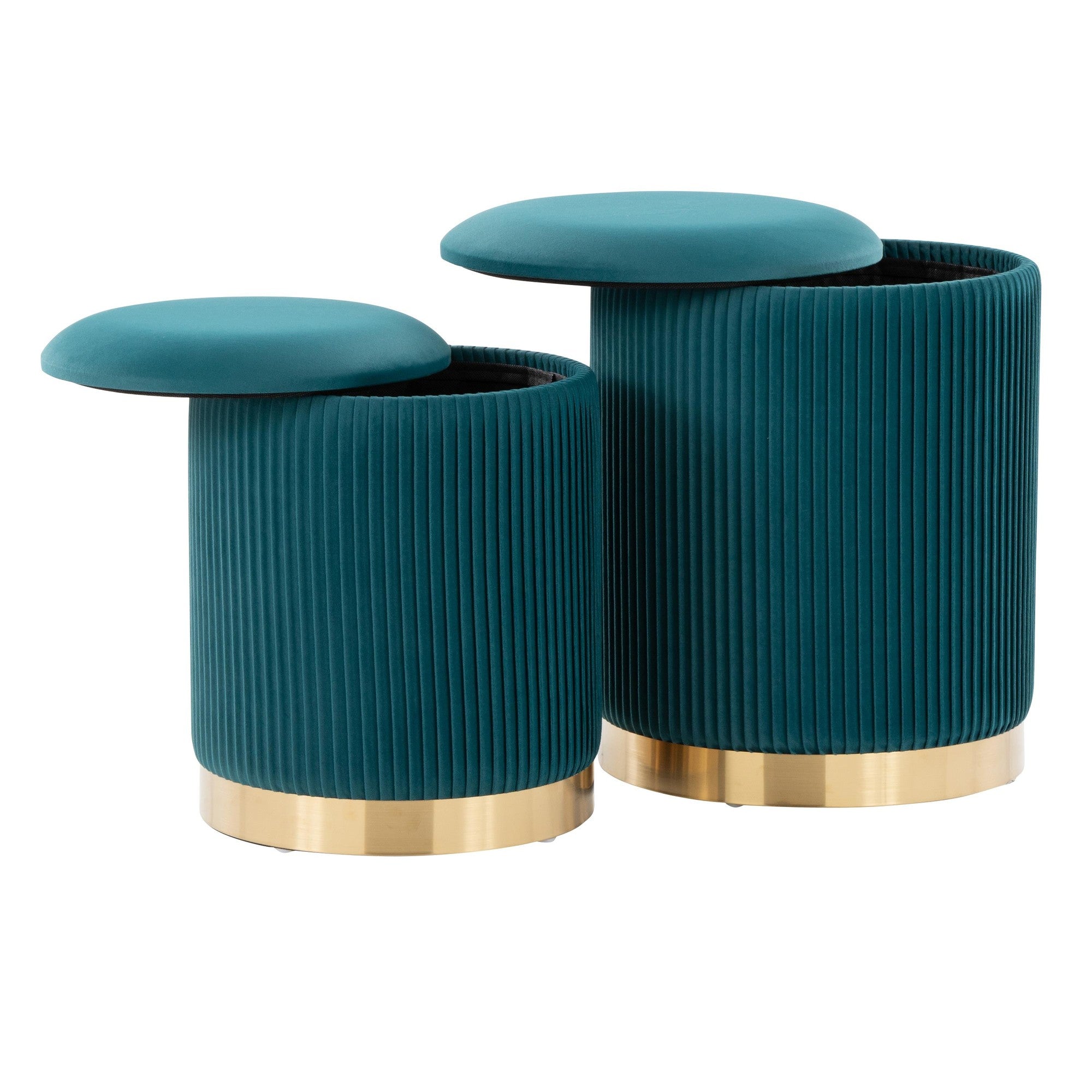 Marla Nesting Pleated Ottoman Set - Gold Metal, Peacock Teal Velvet