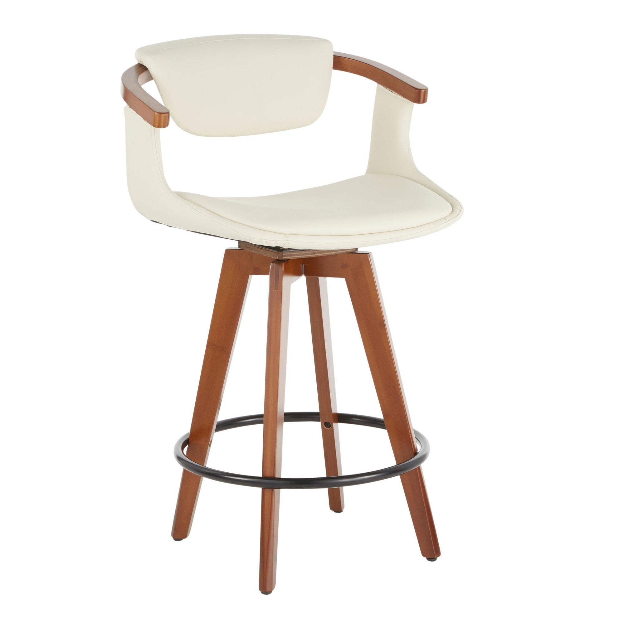 Oracle 26" Fixed-Height Counter Stool - Walnut Bamboo, Black Metal, Cream PU