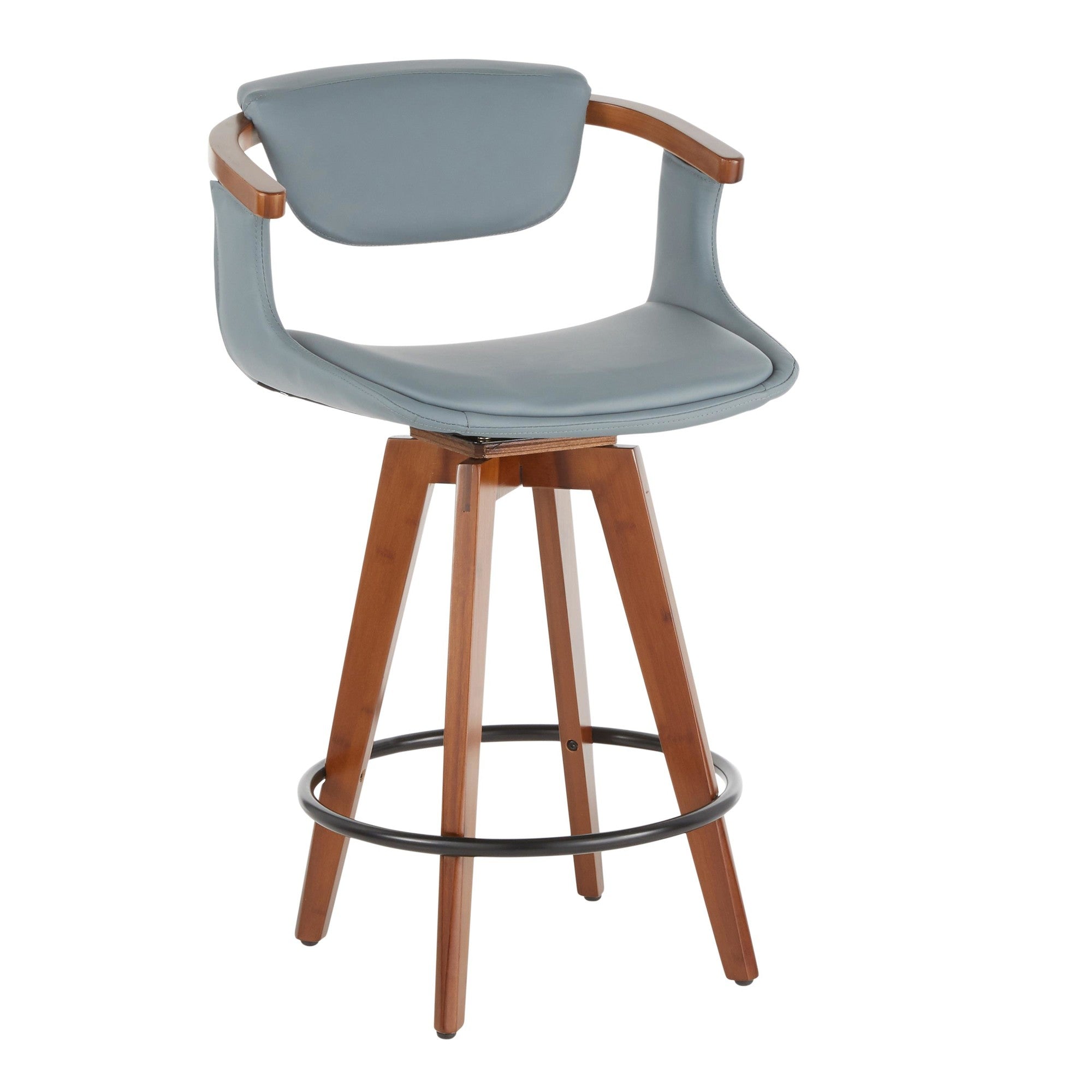 Oracle 26" Fixed-Height Counter Stool - Walnut Bamboo, Black Metal, Grey PU