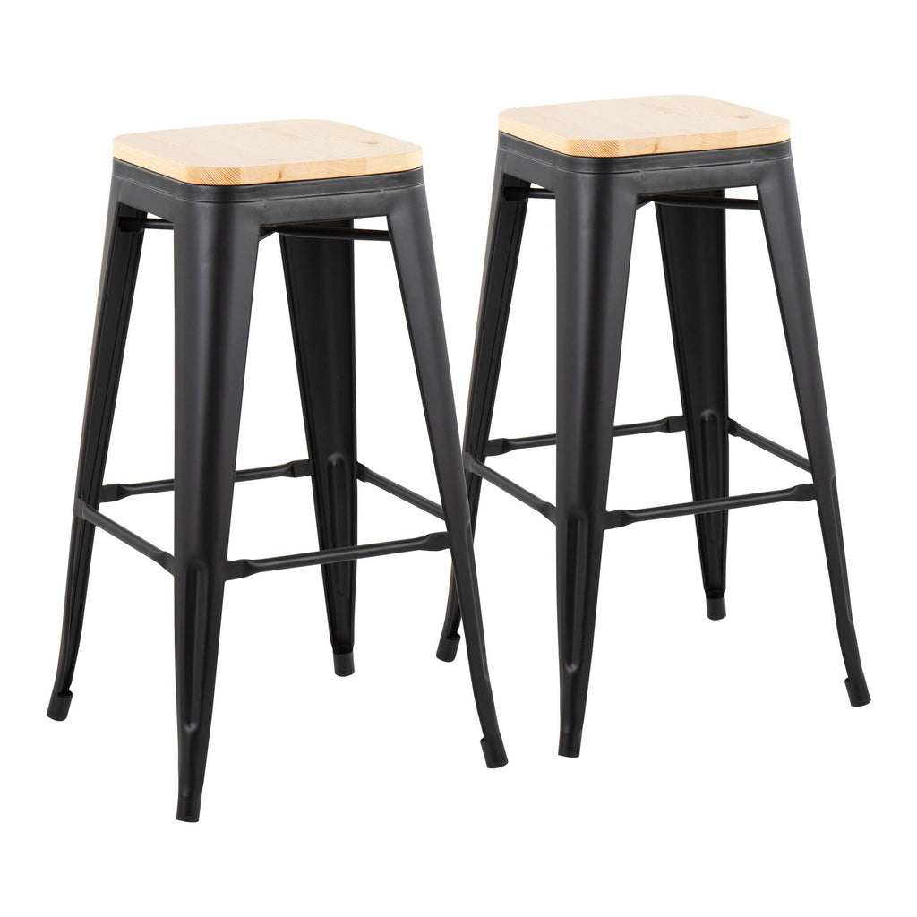 Oregon 30" Fixed-Height Barstool - Set of 2 - Black Steel, Natural Wood