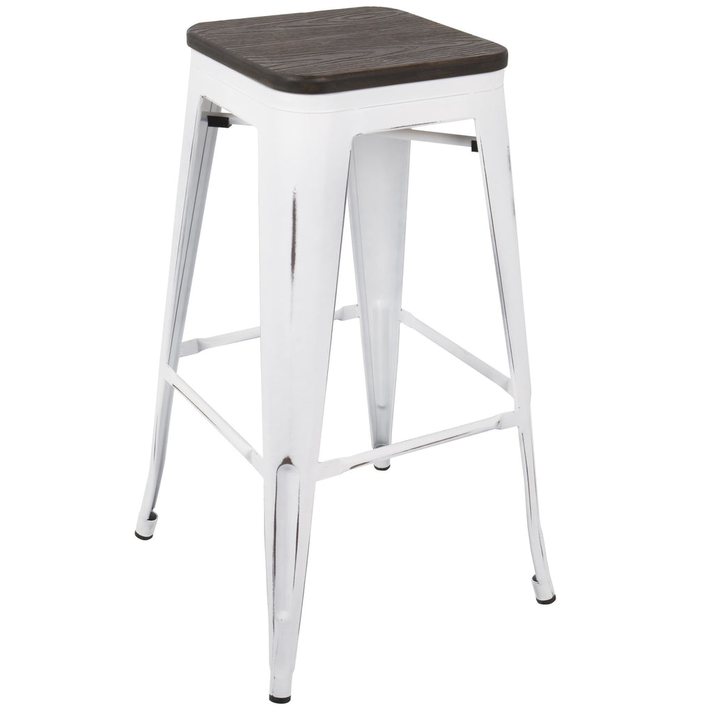 Oregon 30" Fixed-Height Barstool - Set of 2 - Vintage White Metal, Espresso Bamboo