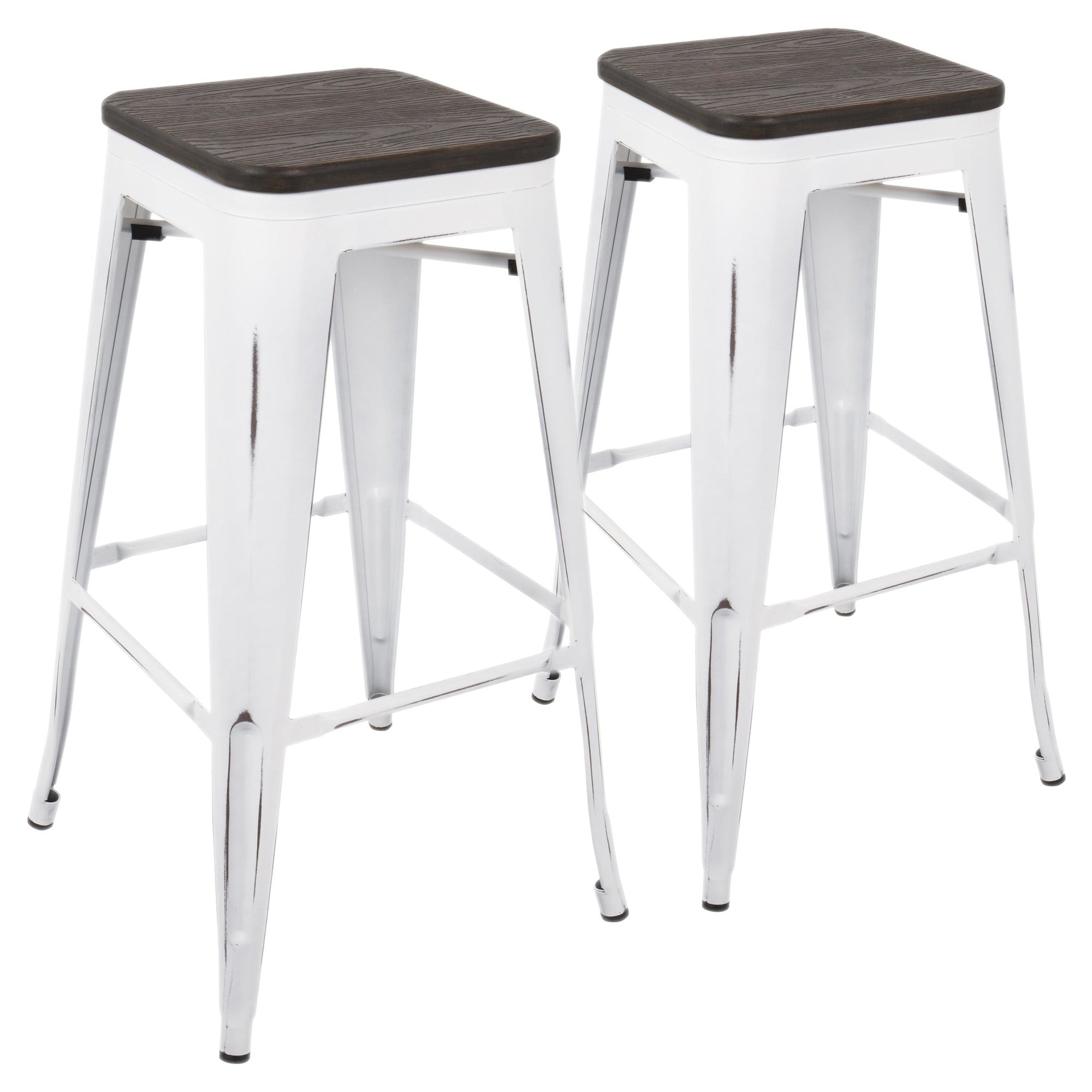 Oregon 30" Fixed-Height Barstool - Set of 2 - Vintage White Metal, Espresso Bamboo
