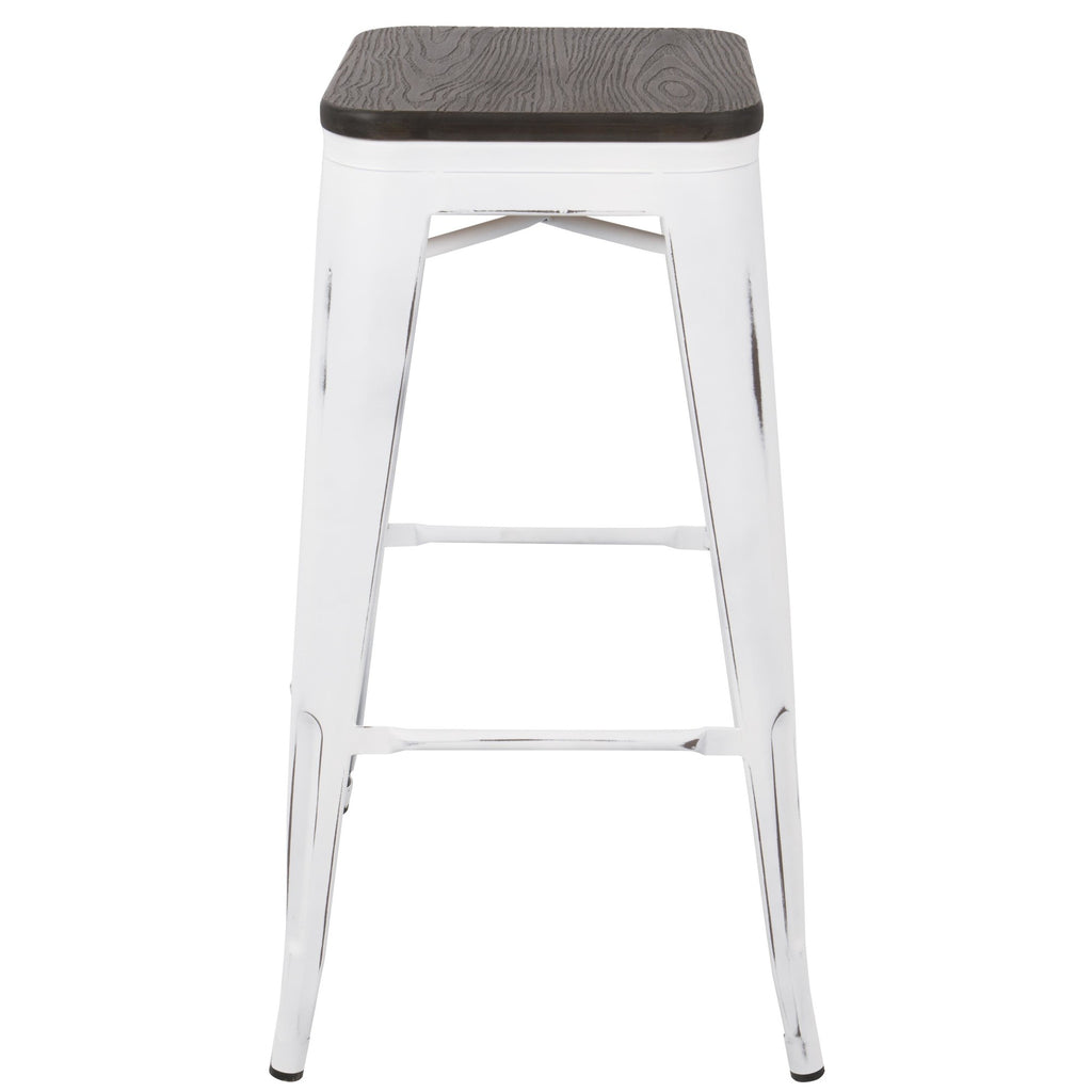 Oregon 30" Fixed-Height Barstool - Set of 2 - Vintage White Metal, Espresso Bamboo