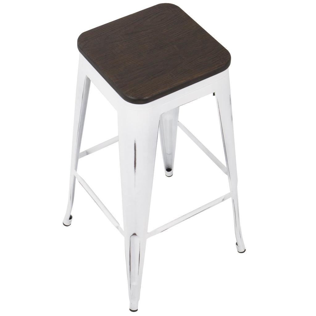 Oregon 30" Fixed-Height Barstool - Set of 2 - Vintage White Metal, Espresso Bamboo