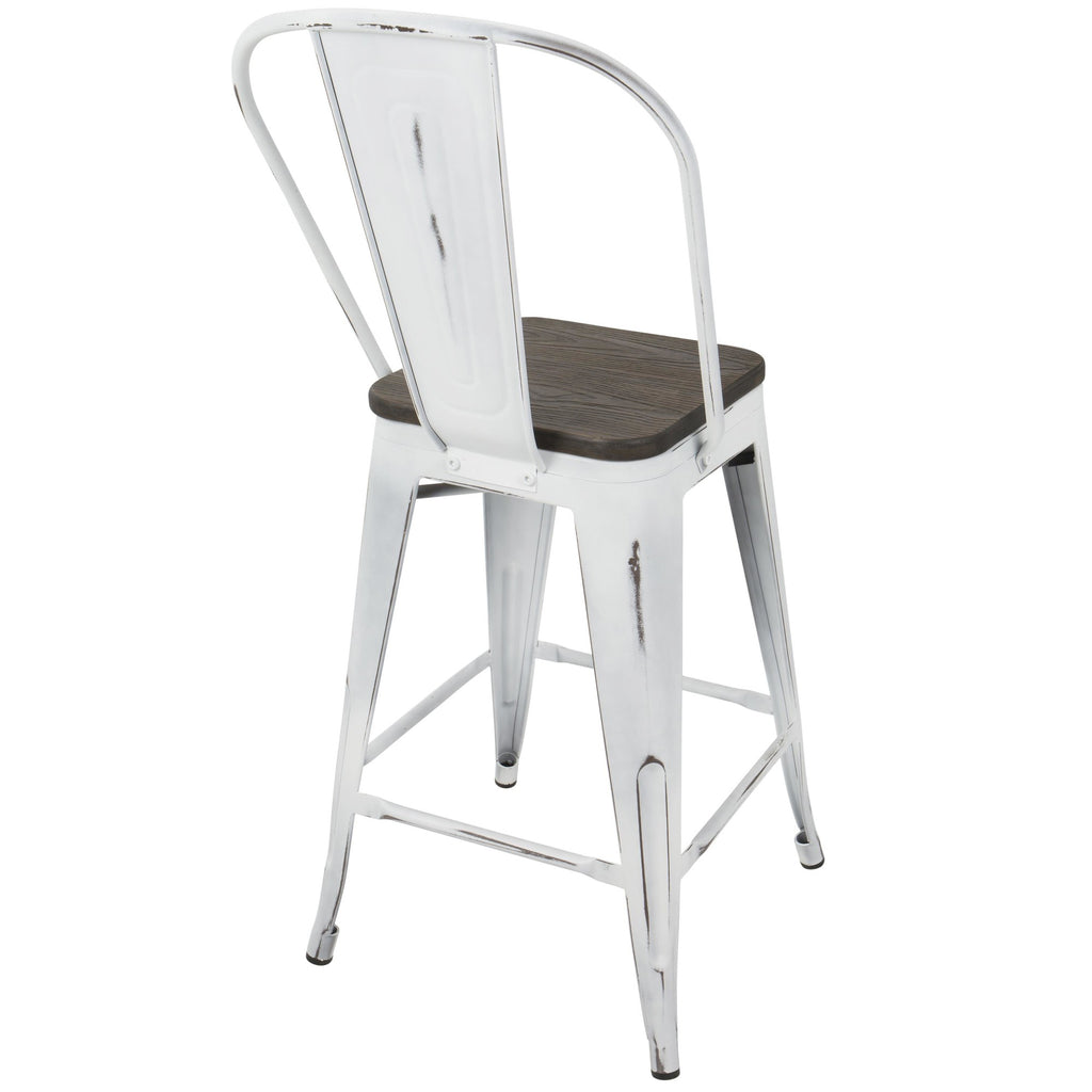 Oregon High Back 24" Fixed-Height Counter Stool - Set of 2 - Vintage White Metal, Espresso Bamboo