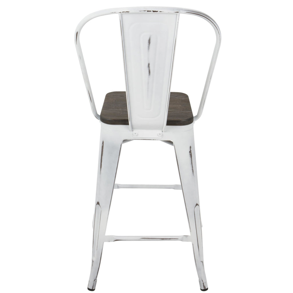 Oregon High Back 24" Fixed-Height Counter Stool - Set of 2 - Vintage White Metal, Espresso Bamboo