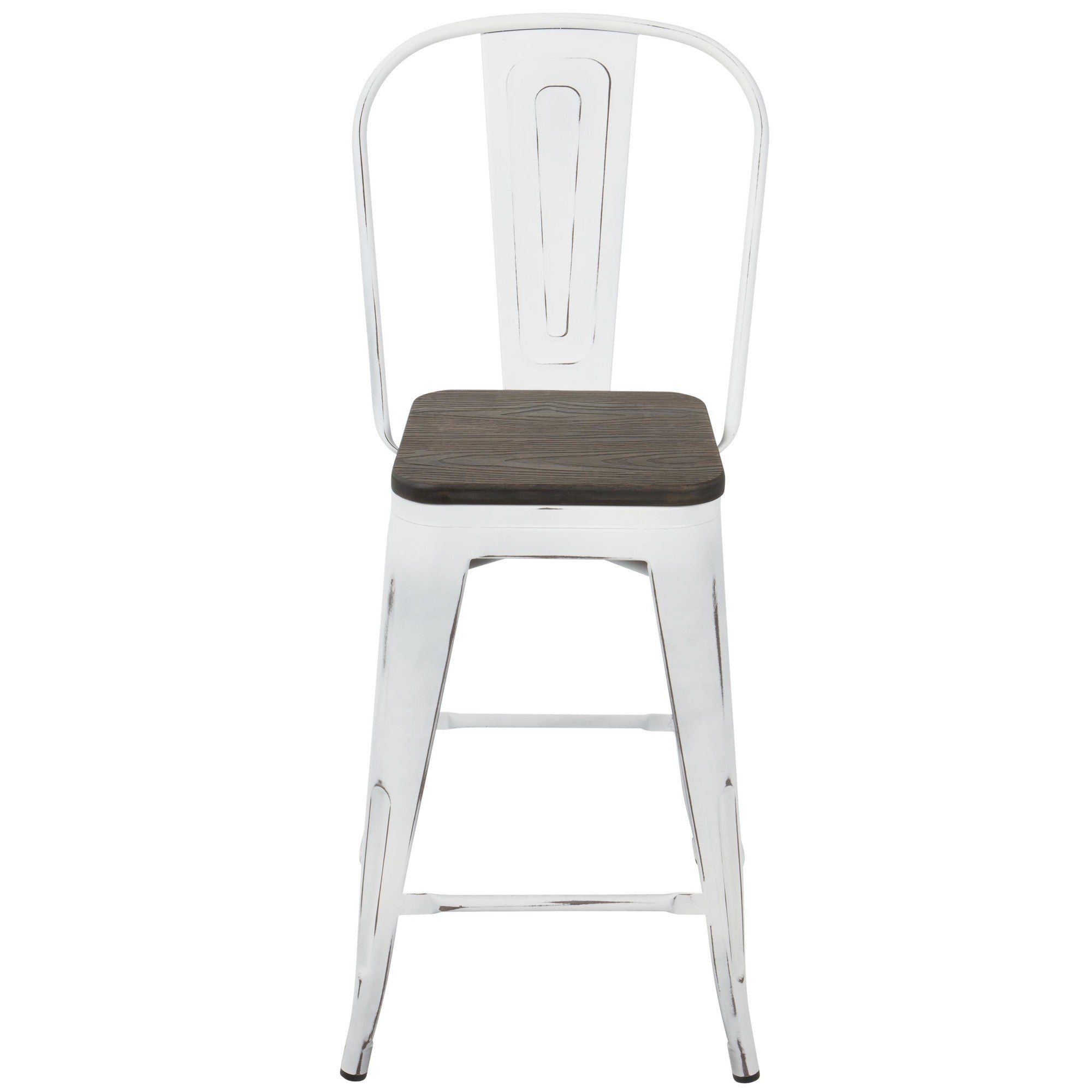 Oregon High Back 24" Fixed-Height Counter Stool - Set of 2 - Vintage White Metal, Espresso Bamboo