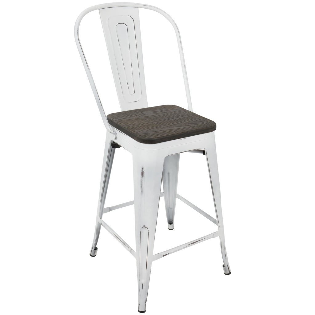 Oregon High Back 24" Fixed-Height Counter Stool - Set of 2 - Vintage White Metal, Espresso Bamboo