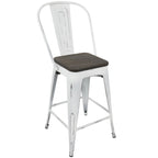 Oregon High Back 24" Fixed-Height Counter Stool - Set of 2 - Vintage White Metal, Espresso Bamboo