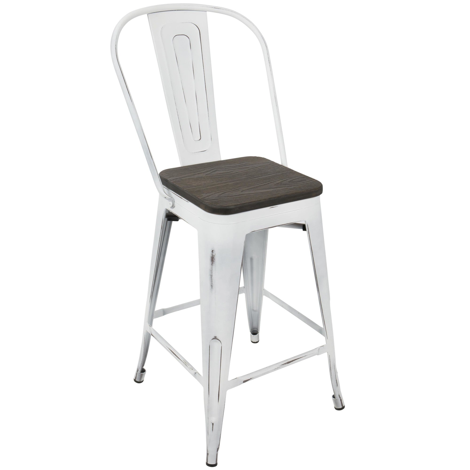 Oregon High Back 24" Fixed-Height Counter Stool - Set of 2 - Vintage White Metal, Espresso Bamboo