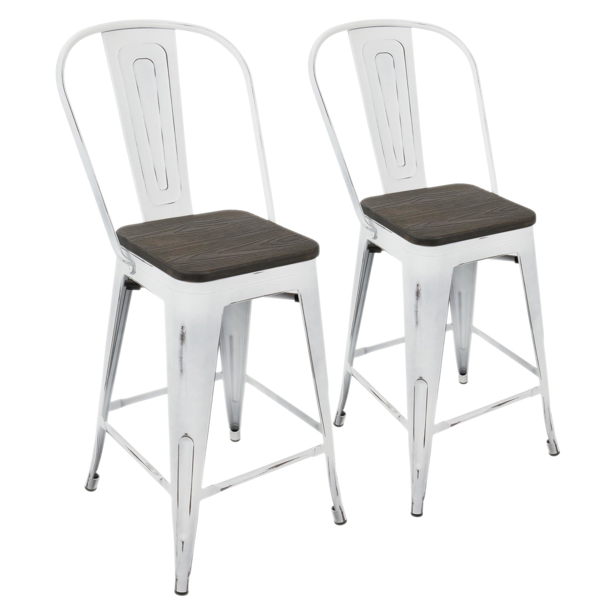Oregon High Back 24" Fixed-Height Counter Stool - Set of 2 - Vintage White Metal, Espresso Bamboo