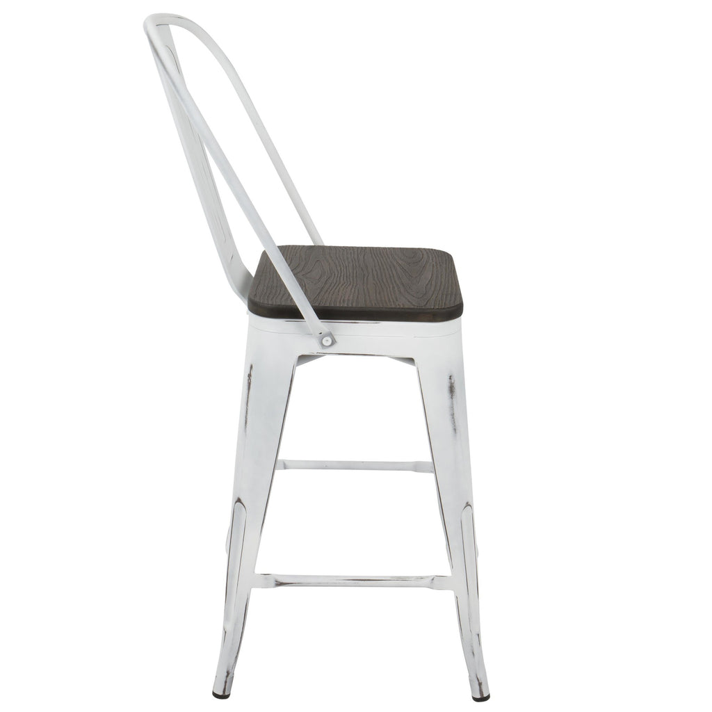 Oregon High Back 24" Fixed-Height Counter Stool - Set of 2 - Vintage White Metal, Espresso Bamboo